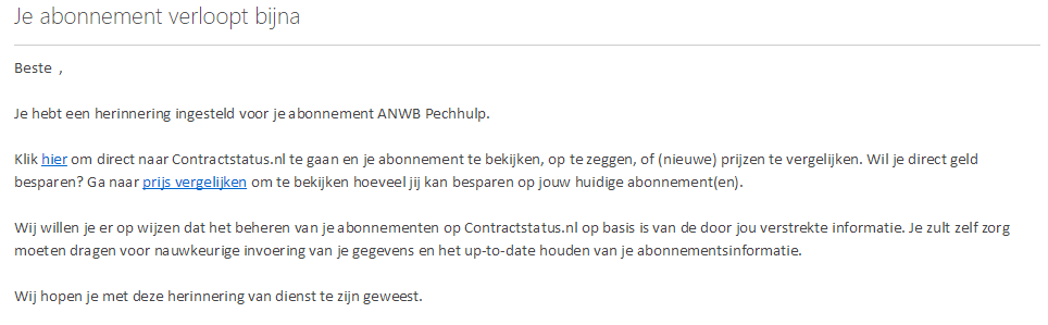 Opzeg herinnering email voor afloopt van abonnement | Contractstatus.nl